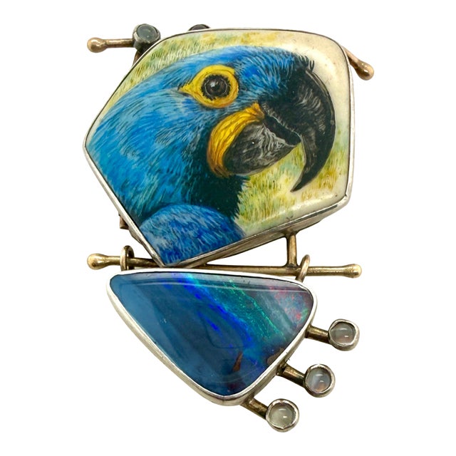 1940s Aldrich Wright 14k Gold & Sterling Painted Parrot Pin Opal & Moonstones For Sale