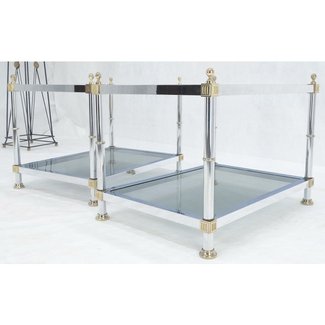 Metal Rectangle Chrome & Brass Smoked Glass Two Tier End Side Tables - A Pair For Sale - Image 7 of 9