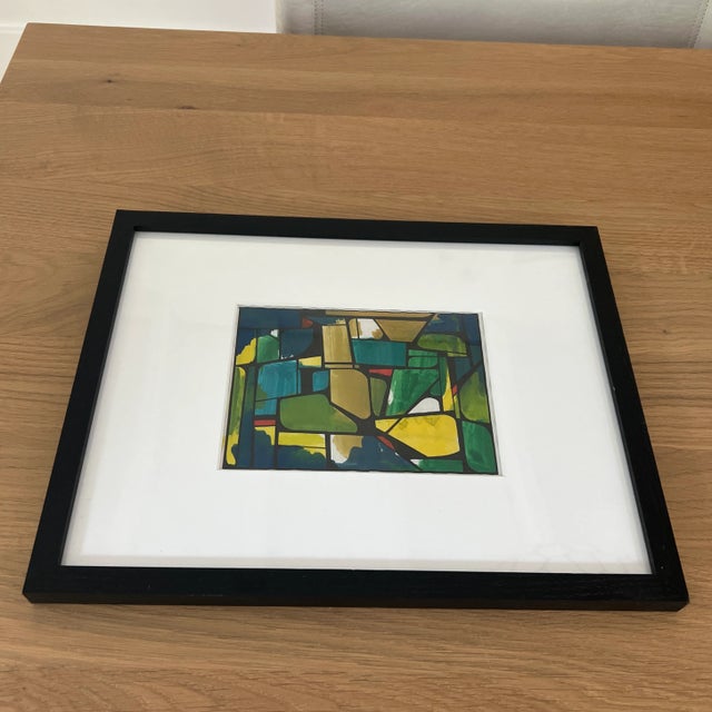 Abstract Newly Framed Vintage Midcentury Blue and Green Abstract Geometric Painting For Sale - Image 3 of 5