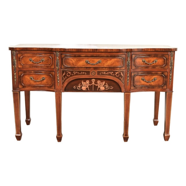 Maitland Smith Style French Regency Louis XVI Carved Mahogany and Burl Wood Sideboard Credenza For Sale