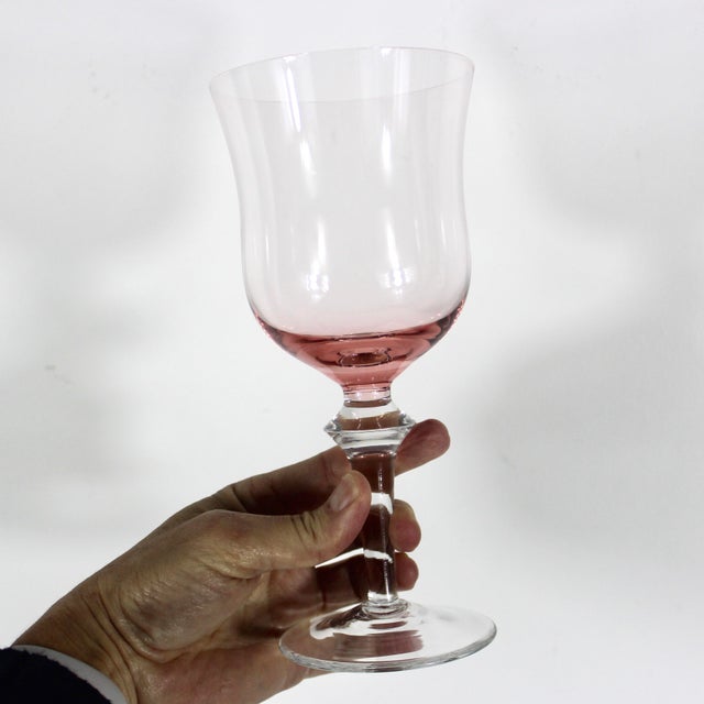English 1970s Pink Glass Clear Stem Wine Glasses Large Goblet Denby Aurora Rose Glass Krosno Water- a Pair For Sale - Image 3 of 6
