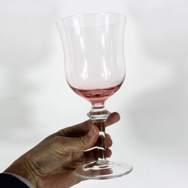 English Vintage Pink Glass Clear Stem Wine Glasses Large Goblet Denby Aurora Rose Glass Krosno Water- A Pair For Sale - Image 3 of 6