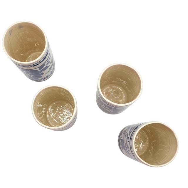 Blue Set of Four Hand Painted Talavera Mexican Terra Cotta Tumblers, Blue and White For Sale - Image 8 of 10