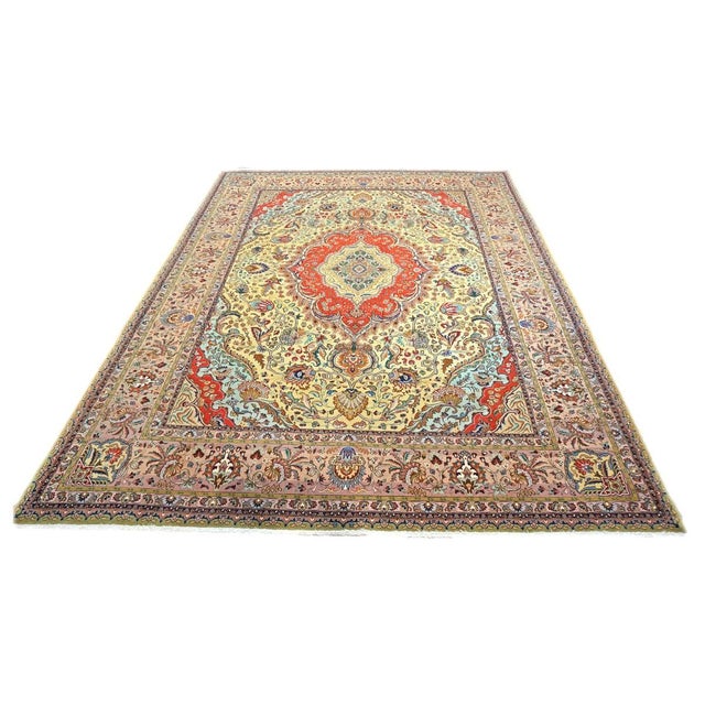 Antique Persian Tabriz Wool 9x12 Yellow, Taupe & Rose Handmade Area Rug #9902296 For Sale - Image 4 of 11
