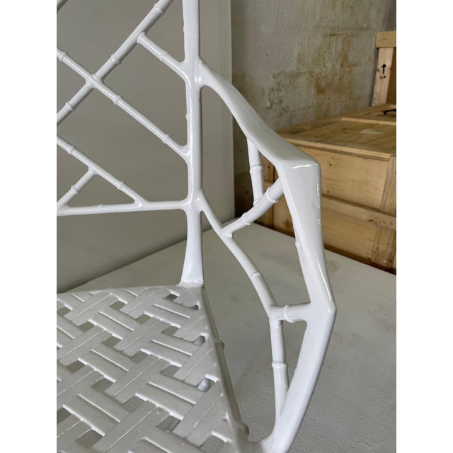 Classic set of 4 Chinese Chippendale faux bamboo dining armchairs for outdoor, garden or patio. Recently powder coated in...