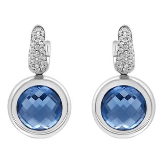 18K White Gold Bezel Set 11mm Blue Topaz and 1/2 Cttw Invisible Set Diamond Bale Dangle Earrings (F-G Color, VS1-VS2 Clarity) For Sale