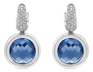 18K White Gold Bezel Set 11mm Blue Topaz and 1/2 Cttw Invisible Set Diamond Bale Dangle Earrings (F-G Color, VS1-VS2 Clarity)