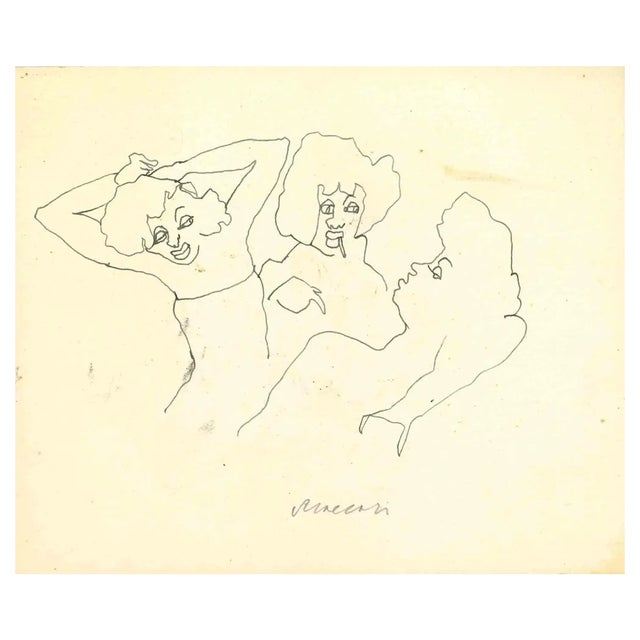 Mino Maccari, Seductive Women, Ink Drawing, 1950s For Sale