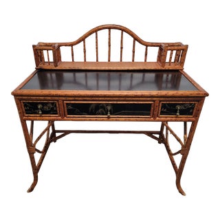 Late 20th Century Vintage British Colonial Style Faux Tortoiseshell Bamboo and Grass Cloth Desk For Sale