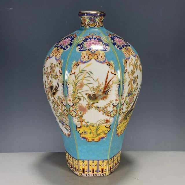 Mid 20th Century Vintage Chinese Turquoise Famille Rose "Pheasant" Faceted Vase With c.t. Loo Provenance, 1956 For Sale - Image 5 of 10