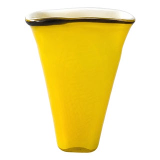 Large Vintage Murano Yellow Cased Opaline Glass Vase with Black Rim, 1970s For Sale