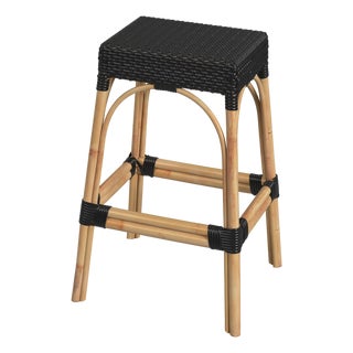 Robias 30 in. Seat Height Rectangular Rattan Backless Bar Stool, Black/ Natural Rattan Frame For Sale