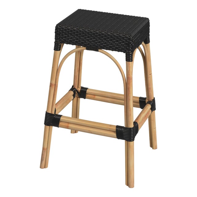 Robias 30 in. Seat Height Rectangular Rattan Backless Bar Stool, Black/ Natural Rattan Frame For Sale