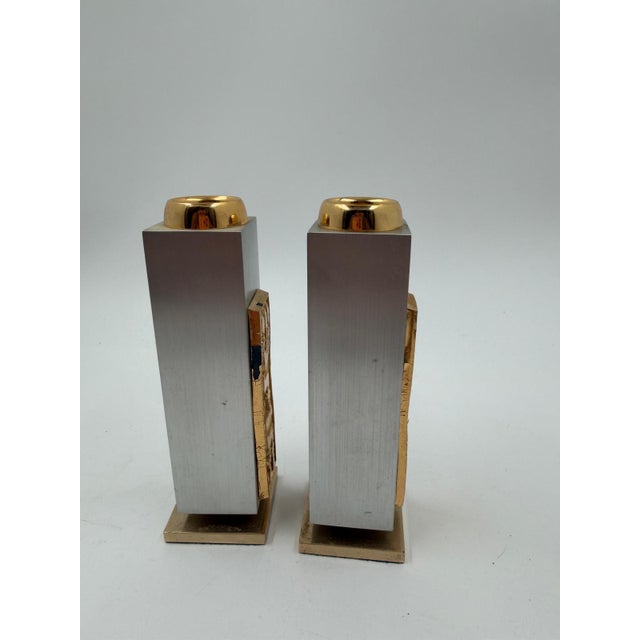 Mid-Century Jerusalem RD Candlesticks in 24k Gold Plate & Silver Plate from Oppenheim, Set of 2 For Sale - Image 5 of 16