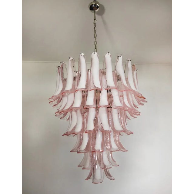 Huge Italian vintage Murano chandelier made by 75 glass petals (pink and white “lattimo”) in a chrome frame. Period: late...