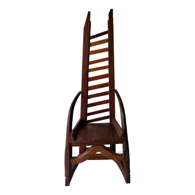 Late 20th Century Artisan Made Folk Art Teak High Back Chair Thailand For Sale