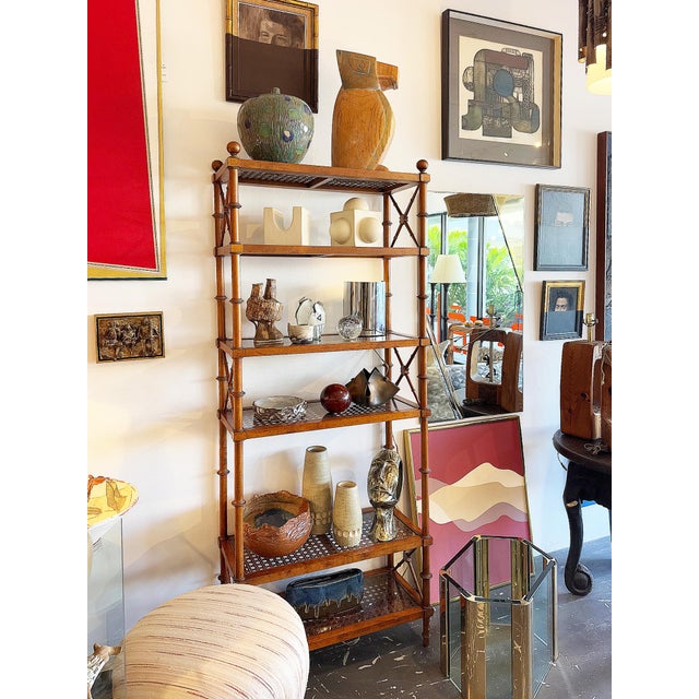 Regency Style Faux Bamboo and Cane Étagère Display Shelves ﻿ Offered for sale is a beautifully made vintage mid-century...
