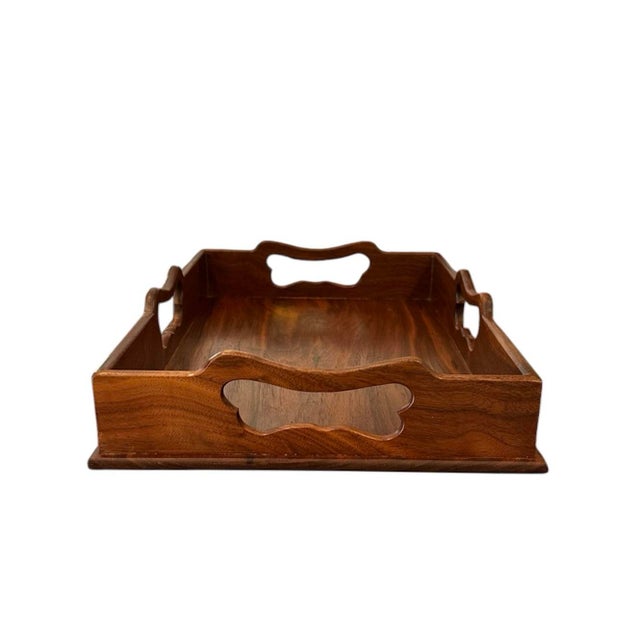 Campaign Hand Carved English Georgian Style Handled Gallery Butlers / Serving / Accent Tray in Walnut For Sale - Image 3 of 7