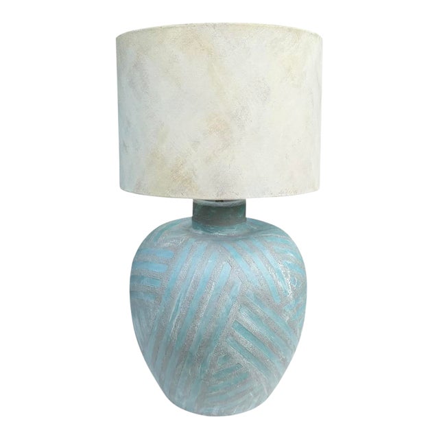 Vintage Handcrafted Geometric Table Lamp + Shade For Sale