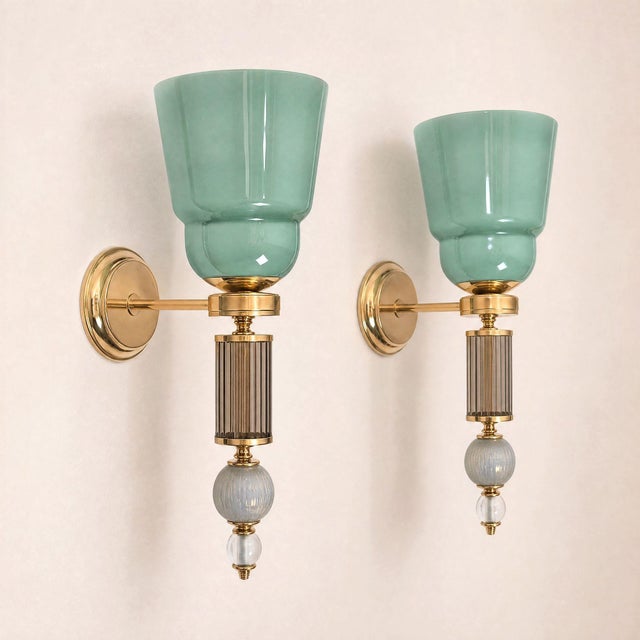 Mid-Century Modern 1990s Mid Century Modern, Celadon Green Murano Glass Sconces - a Pair For Sale - Image 3 of 12