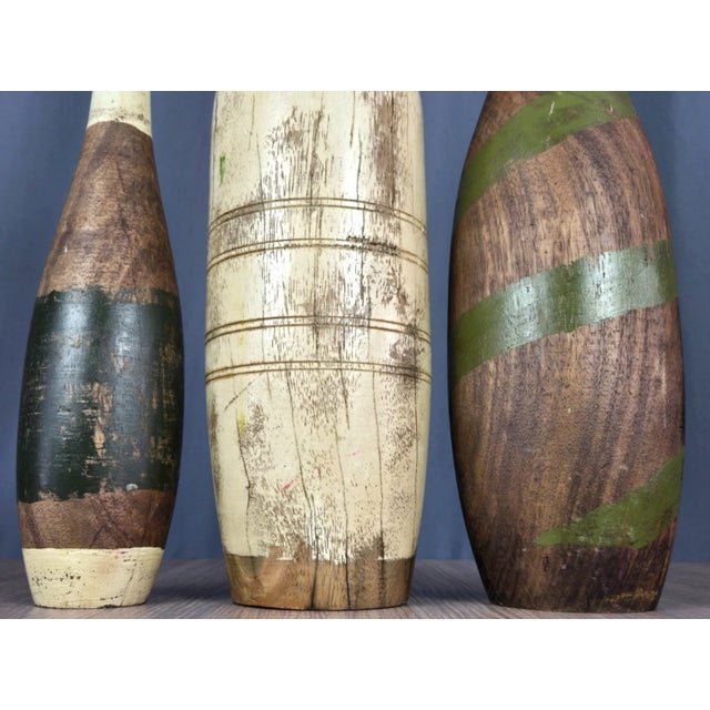 Wood 3x Antique Style Lathe Turned Wooden Juggling or Exercise Pins For Sale - Image 7 of 9