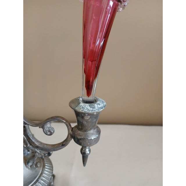 Wilcox Figural Silver Plate Epergne With Cranberry Glass For Sale - Image 11 of 14