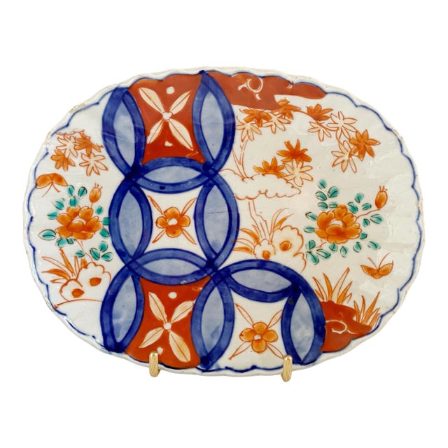 Antique Mid 19th Early Meiji Period Japanese Imari Oval Dish Charger Scalloped Rim For Sale