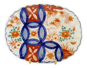 Antique Mid 19th Early Meiji Period Japanese Imari Oval Dish Charger Scalloped Rim