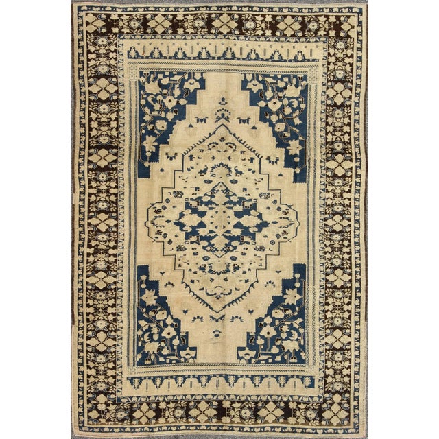 Mid 20th Century Vintage Turkish Medallion Oushak Rug in Navy Blue, D. Brown and Cream Tones For Sale - Image 9 of 9