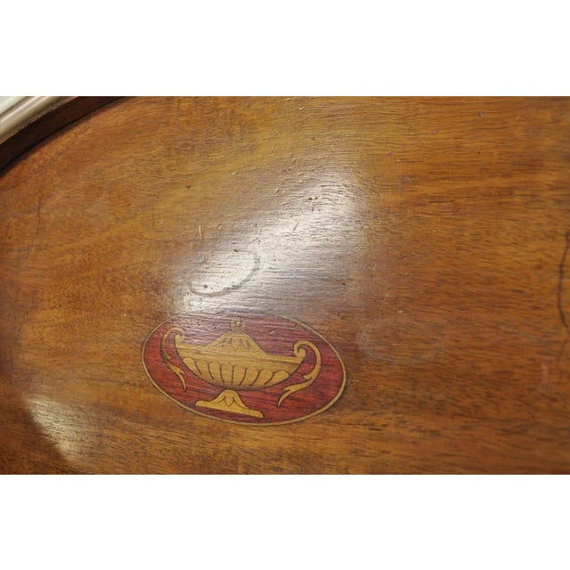 Wood Antique English Edwardian Oval Mahogany Butlers Bar Serving Tray With Urn Inlay For Sale - Image 7 of 12