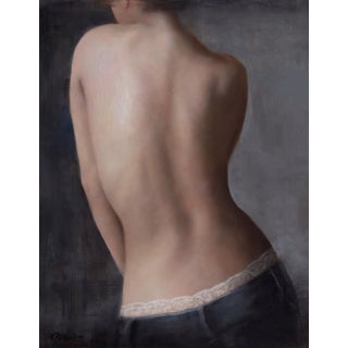 Eve by Kelly Birkenruth | Oil on Panel Back of a woman with lace detail on jeans. For Sale