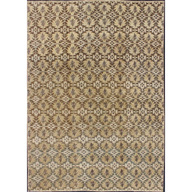 Mid-Century Modern Vintage Turkish Modern Rug With Repeating Geometric Pattern in Beige, Brown, and Soft Gray Tones For Sale - Image 3 of 11