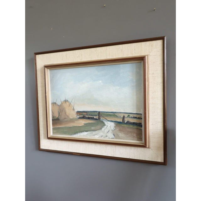 1960s Mid-Century Modern 'Haystacks by the Gate' Vintage Original Landscape Oil Painting, Framed For Sale - Image 5 of 11