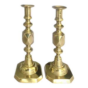Late 19th Century "The Queen of Diamonds" Brass Candlesticks, a Pair