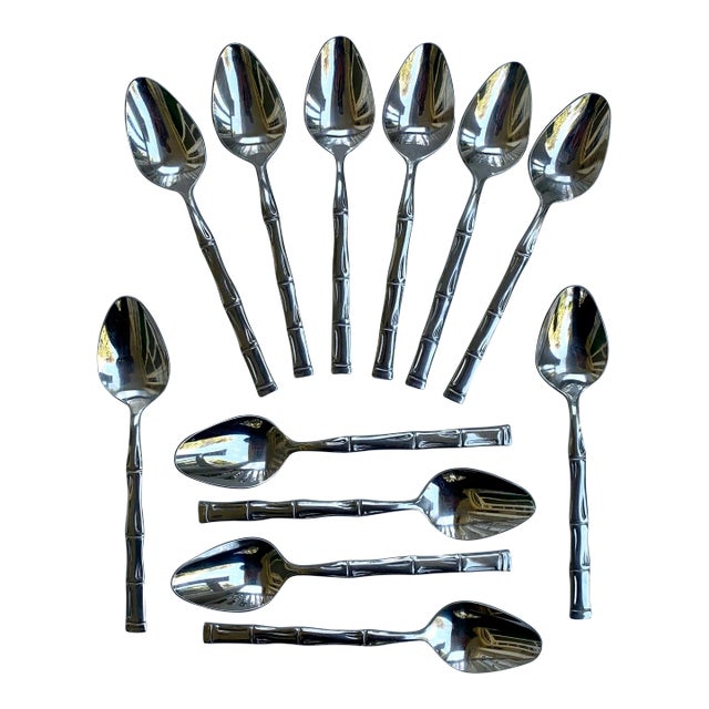 1970s Faux Bamboo Vintage Stainless Steel Teaspoons Set of 12 For Sale