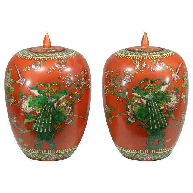Qing Dynasty 19th C. Chinese Persimmon Decorated Porcelain Ginger Jars - a Pair- Reign Mark For Sale - Image 4 of 4