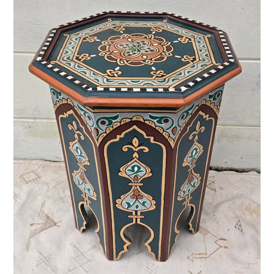 Moroccan Hexagonal Hand Painted Wooden Side Table / Cerulean Zouak
