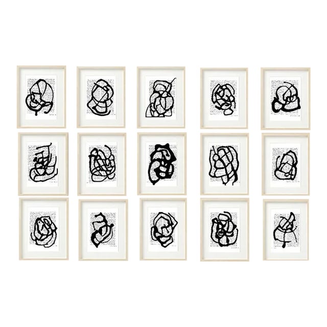# White Wood Shadow Box Framed 'Black & White Abstractions Series' (2) - Gallery Wall Art Prints Installation by Diane Grant - Set of 15 For Sale