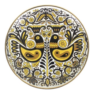 Vintage Nassos Rodos-Hellas Hand Made Greek Wall Hanging Plate Yellow Black Gold Birds For Sale