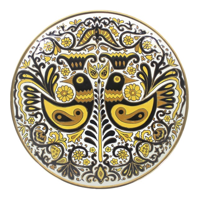 Vintage Nassos Rodos-Hellas Hand Made Greek Wall Hanging Plate Yellow Black Gold Birds For Sale