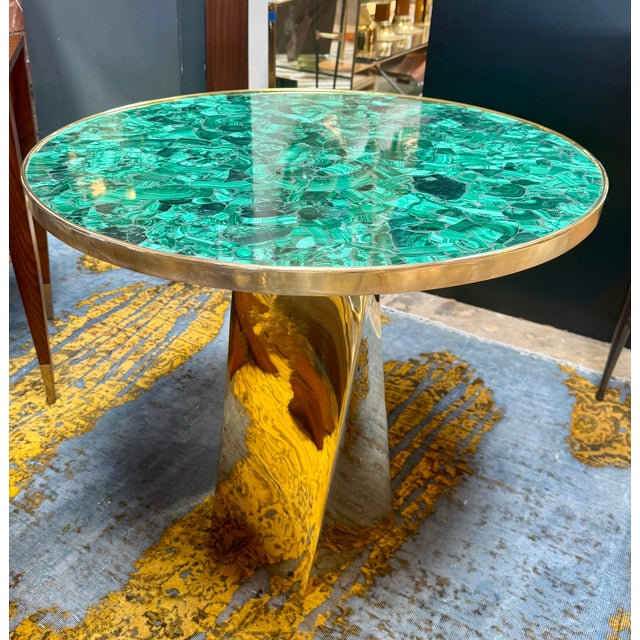 Brass Contemporary Round Malachite Stone Top Dining Table With Solid Brass Base For Sale - Image 8 of 8