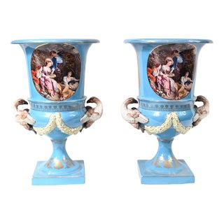 French Floral Porcelain Campana Urns in the style of Sevres, Set of 2 For Sale