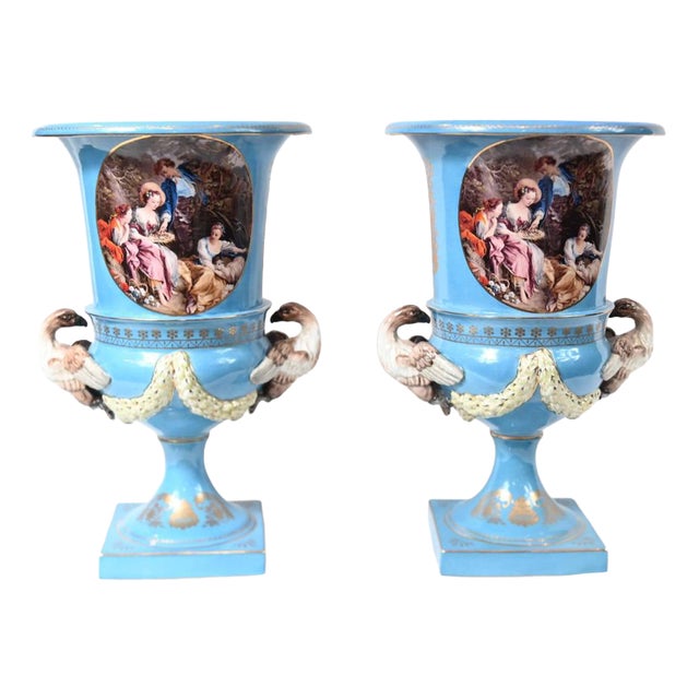French Floral Porcelain Campana Urns in the style of Sevres, Set of 2 For Sale