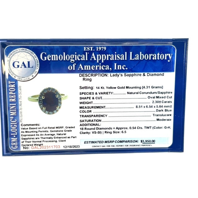 Blue Natural Sapphire Diamond Ring Size 6.5 14k Y Gold 2.84 TCW Certified For Sale - Image 8 of 8