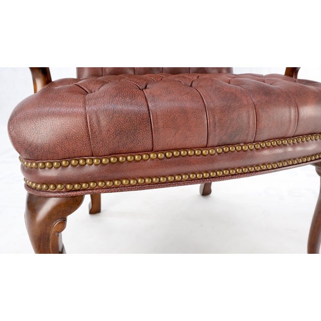 Pair Burgundy Leather Queen Anne Tufted Upholstery Walnut Armchairs MINT For Sale - Image 13 of 17