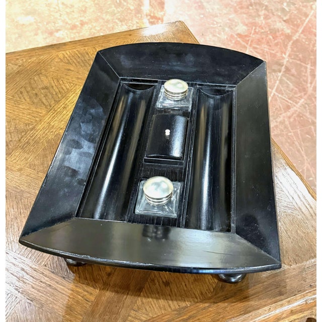 Wood French Art Deco Black Lacquered Wood Desk Set With Glass Inkwells For Sale - Image 7 of 9