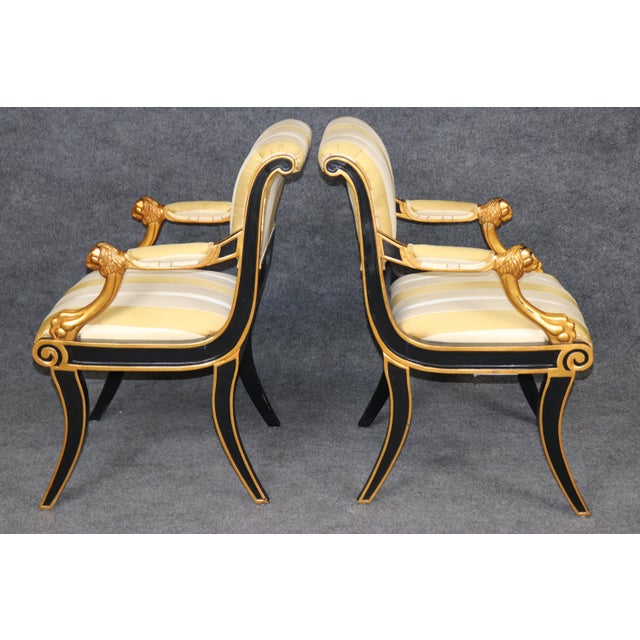 1940s Pair English Regency Thomas Hope Style Ebonized & Gilt Armchairs For Sale - Image 5 of 16