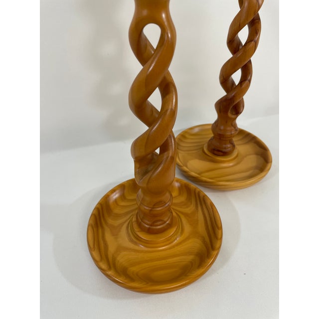 Chestnut Vintage English Oak Open Barley Twist Candlesticks - A Pair For Sale - Image 8 of 15