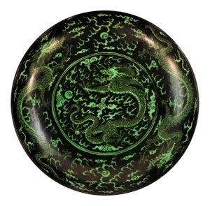 Kangxi Style Famille Noir and Green Glazed Dragon Dish
