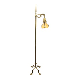 Antique 1910s Brass Arts & Crafts Mission Style Footed Floor Lamp with Caramel Slag Shade For Sale